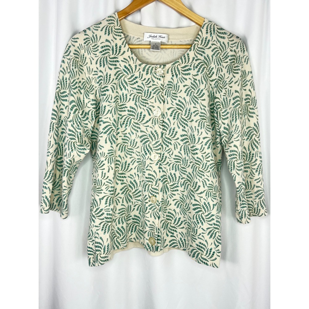 Judith Hart Collection Silk Blend Green Cream Swirl Leaf Cardigan Sweater Medium